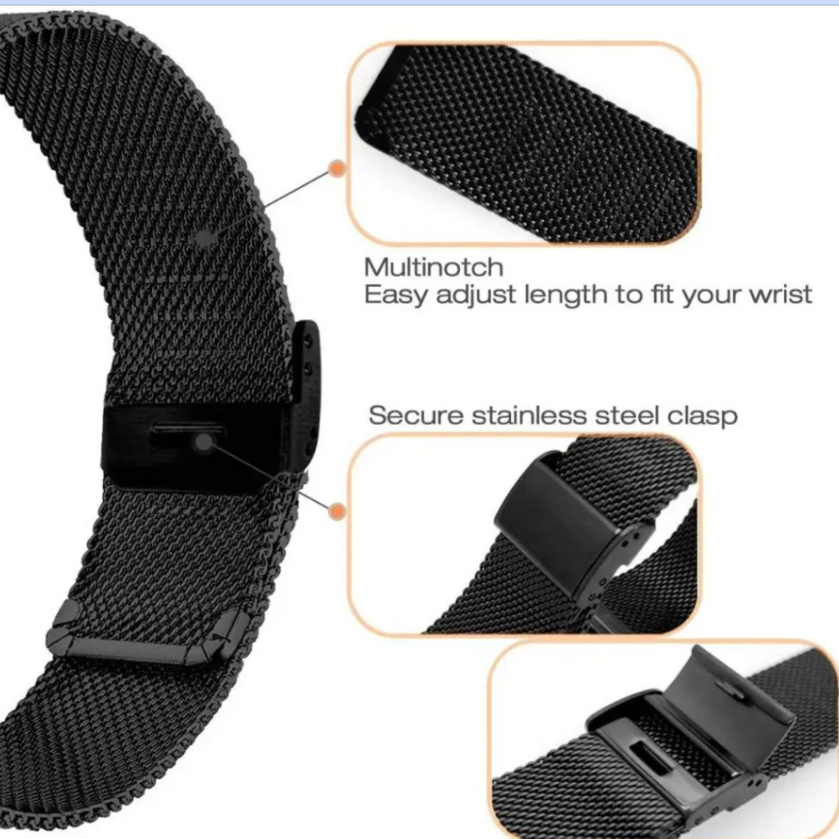 Cinturino a maglia milanese nero con anello